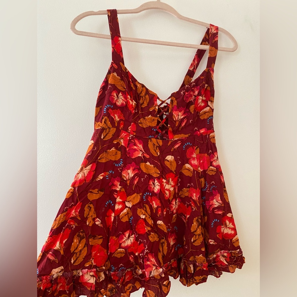 FREE PEOPLE INTIMATELY Burgundy Tropical Floral Long Top or Nightgown SIZE XS